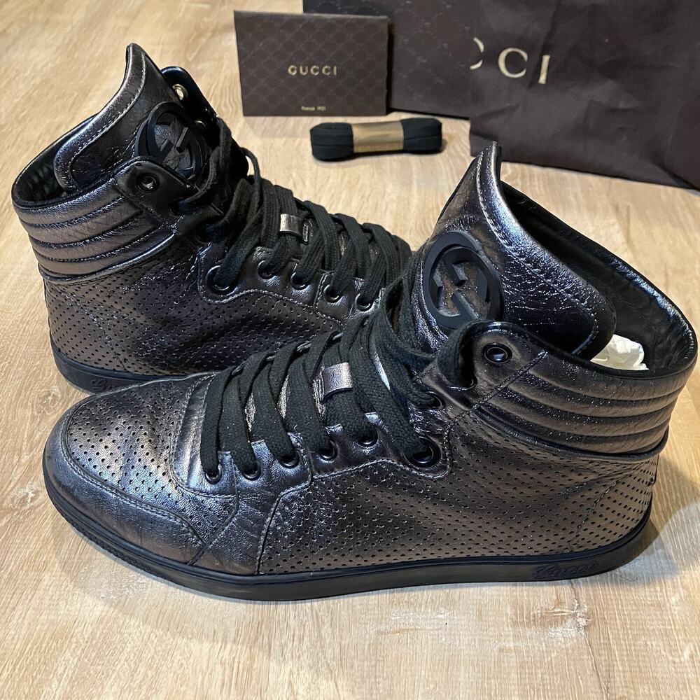 GUCCI GG Gray Platinum Metallic High Top Leather Sneakers 322730 Men Size 8.5